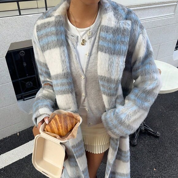 Blue And White Casual Women's Plaid Lined Coat - Picture 2 of 7